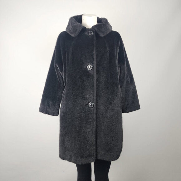 Vintage Union Label Black Faux Fur Pea Coat Size L - Picture 1 of 9
